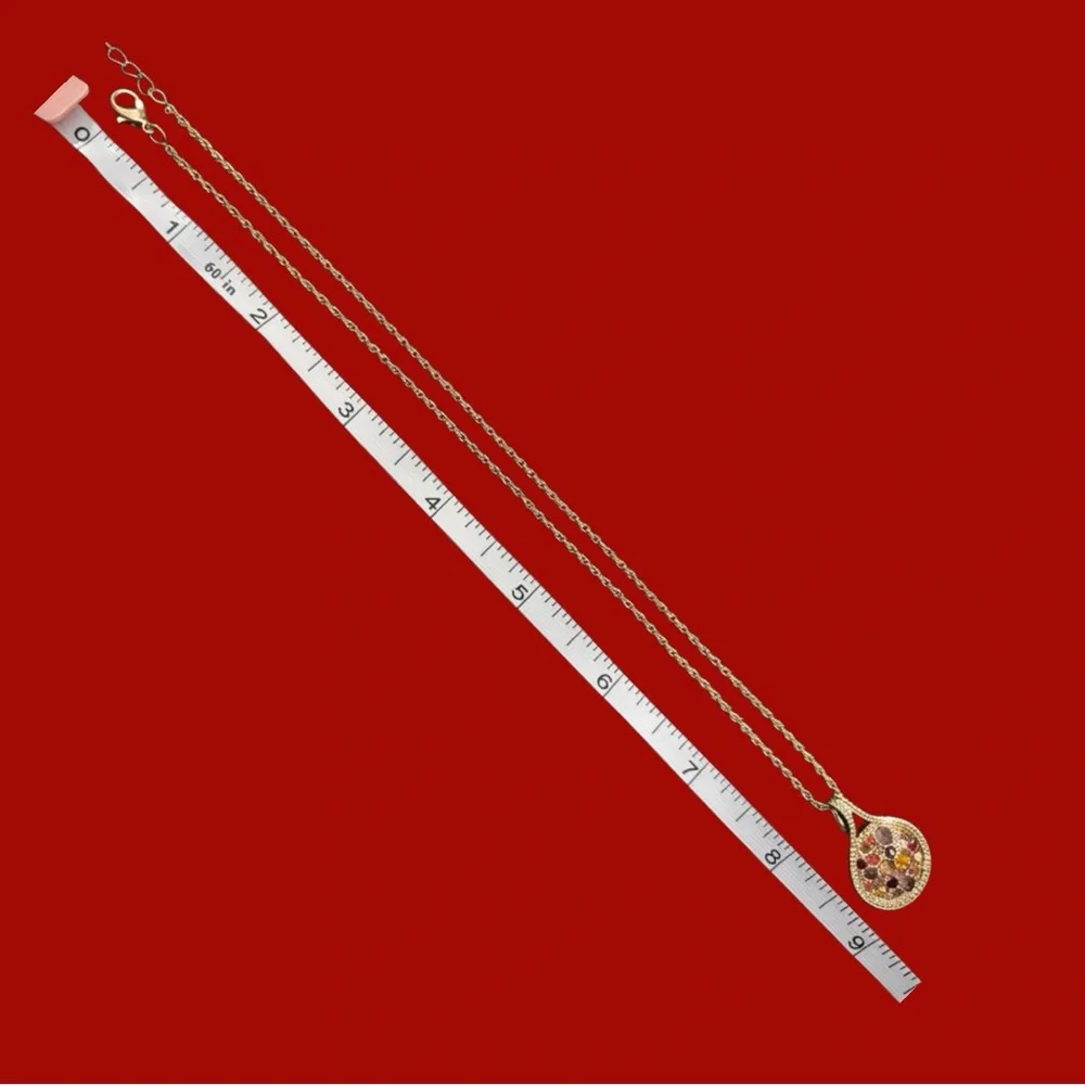 Multicolor Gold-Tone Chain Necklace with colourful rhinestones crystals pendant. - Picture 6 of 10